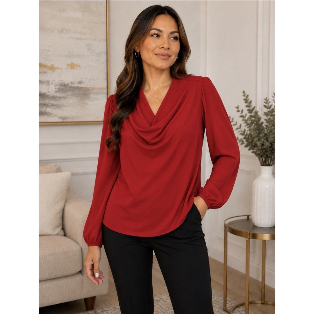 Karen Kane Draped Cowl Neck Top Blouse Women's Medium Red Gathered Cuff Blousy